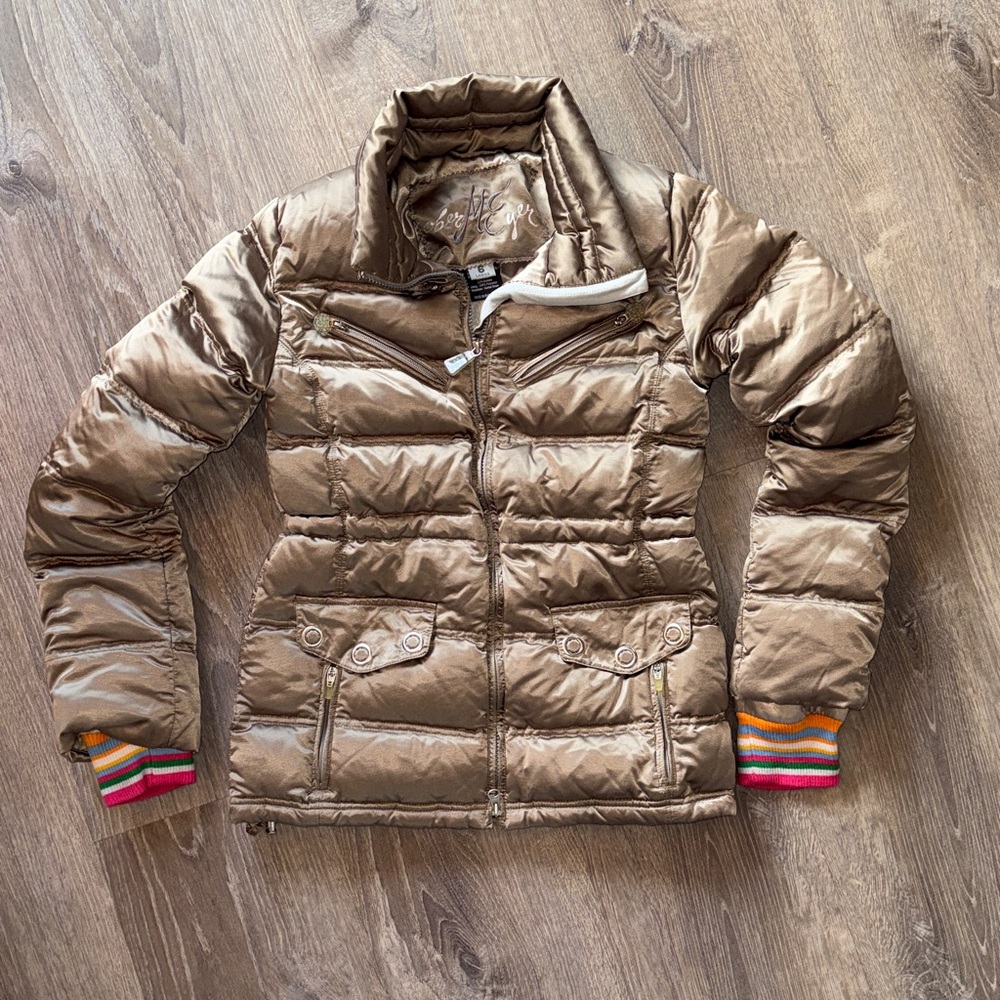 Vintage Obermeyer goose down winter puffer coat gold cinch-able waist